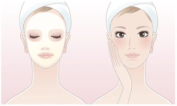 美丽的女孩，摸她的脸、 粉红色背景上的美丽面具的 spa 女人 spa 女人. — 图库矢量图片
