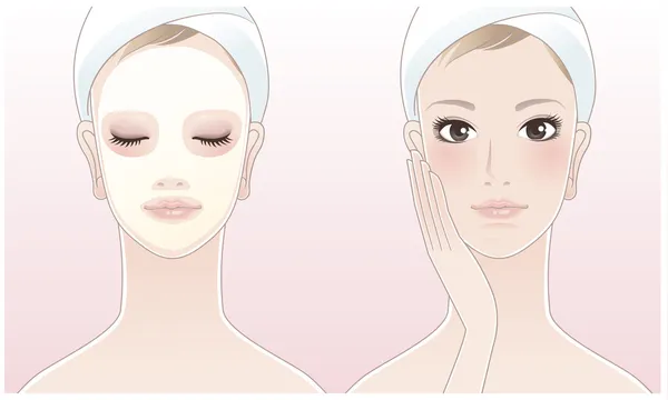 Mooi meisje, spa vrouw aanraken van haar gezicht, spa vrouw met een schoonheid masker op roze achtergrond. — Stockvector