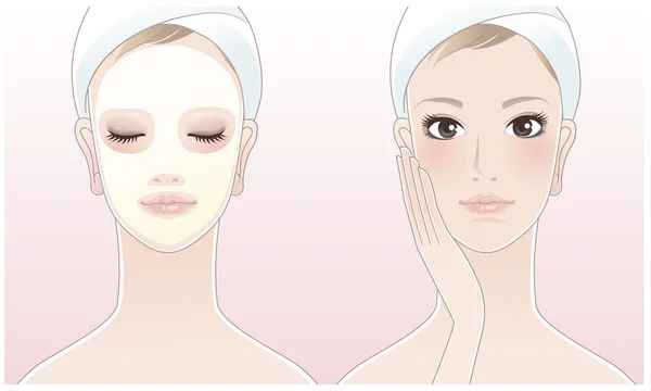 Hermosa chica, mujer spa tocándose la cara, mujer spa con una máscara de belleza sobre fondo rosa . — Vector de stock