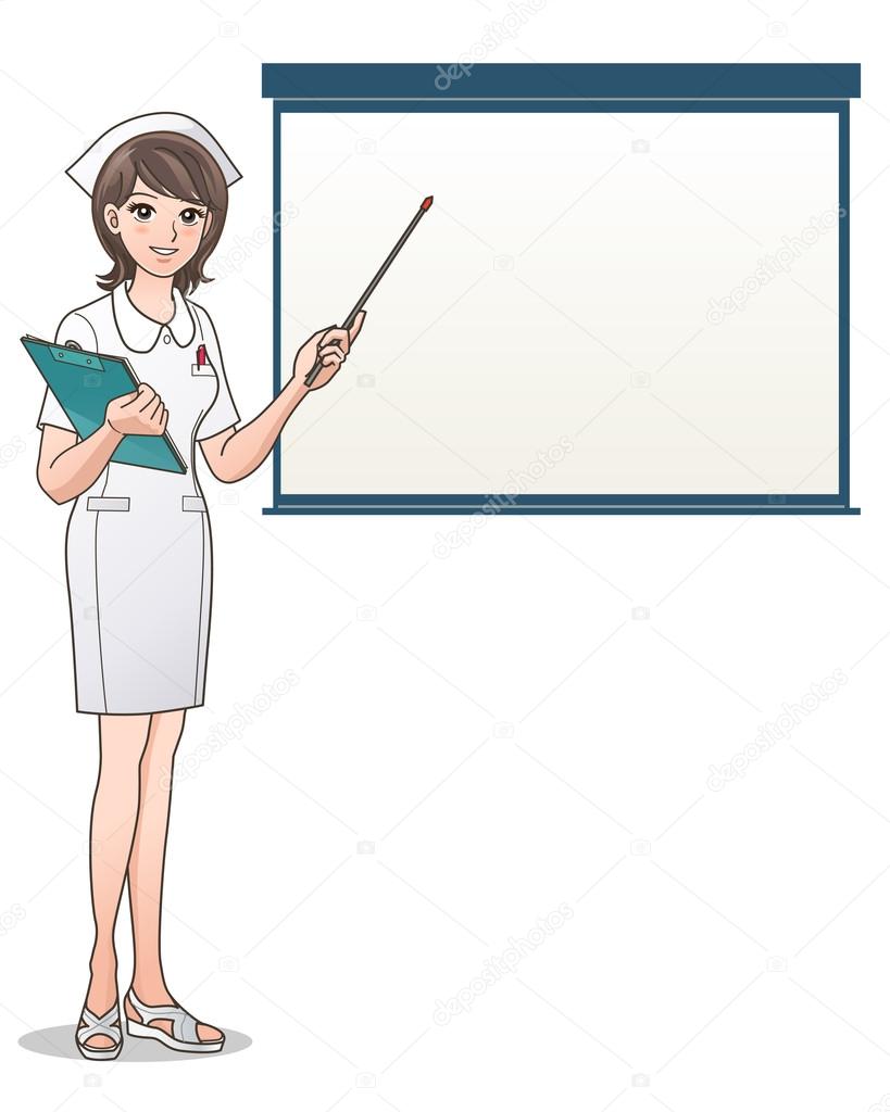 Smiling nurse, presentation, point to a blank screen holding a clipboard