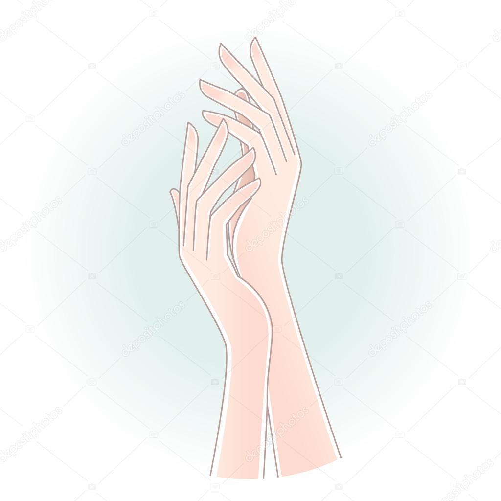Beautiful woman's hands on pale green blue background