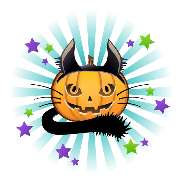 Halloween pompoen in zwarte kat kostuum. hefboom o lantaarn. — Stockvector