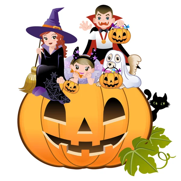 Halloween children wearing costume on huge jack-o-lantern, white background — Stock Vector