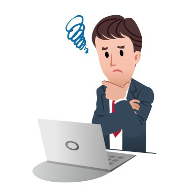 Confused businessman touching chin with a tangled mark