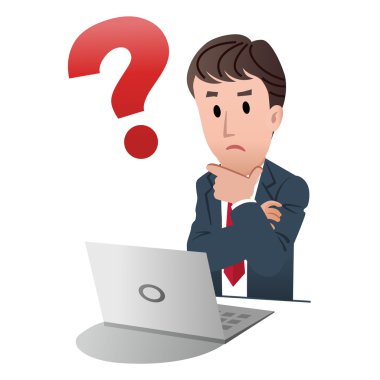 Cartoon businessman touching chin with question mark clipart
