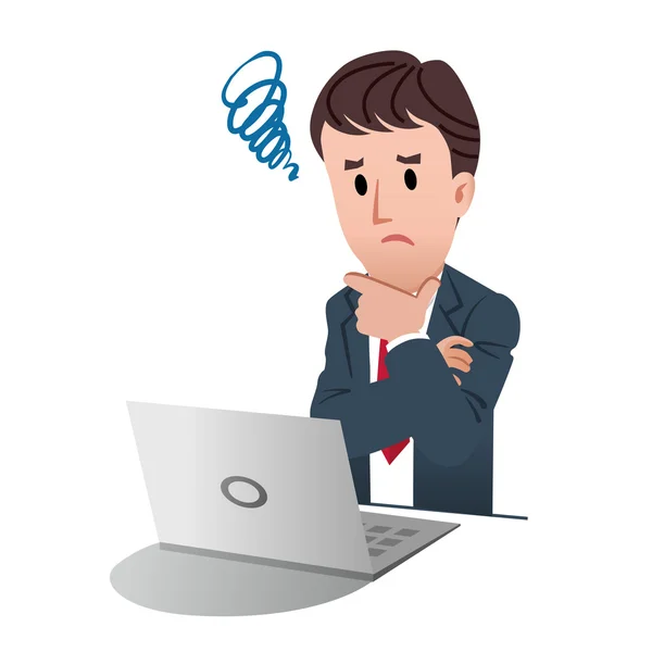 Confused businessman touching chin with a tangled mark