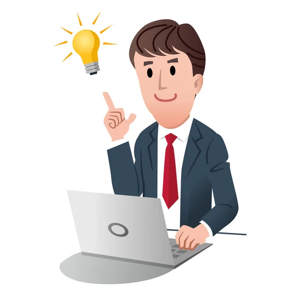 Smiling businessman pointing idea light bulb with fingertip, isolated on white — Stock Vector