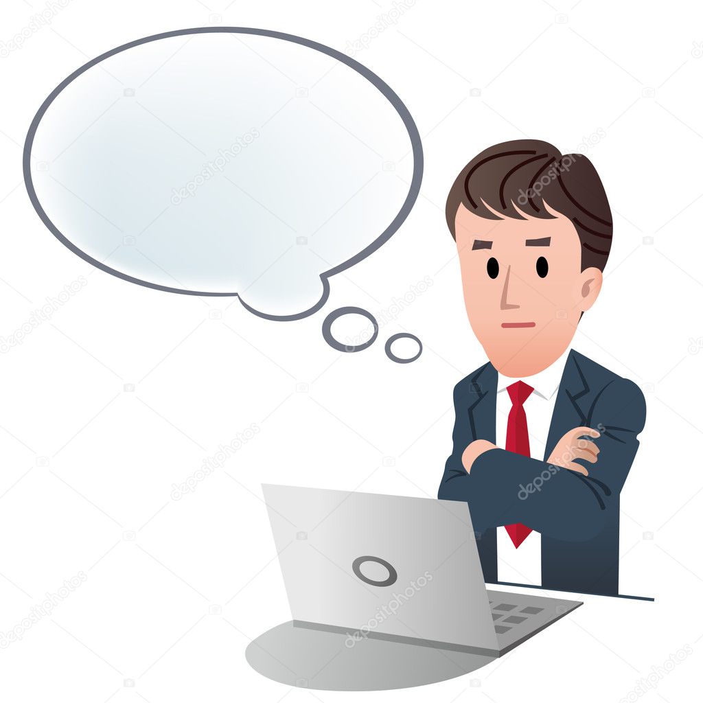 Businessman crossing arms, contemplating something with speech bubble