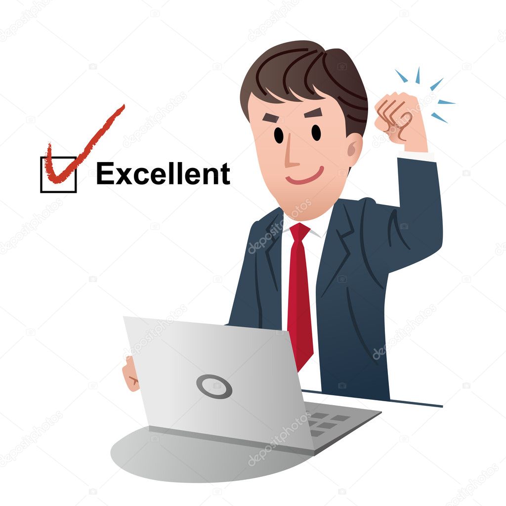 Successful businessman, raising fist up in air, with tick mark on a check box of Excellent