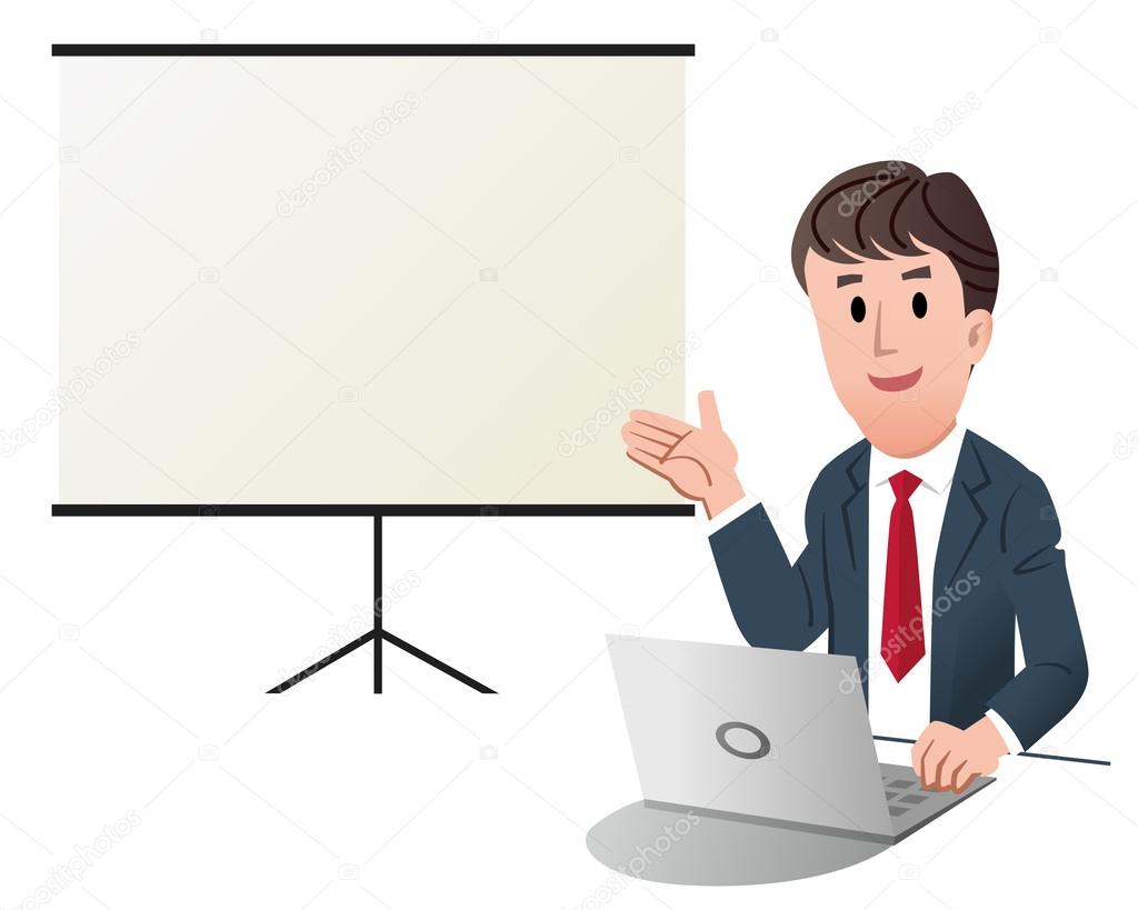 Businessman making presentation, with white presentation screen