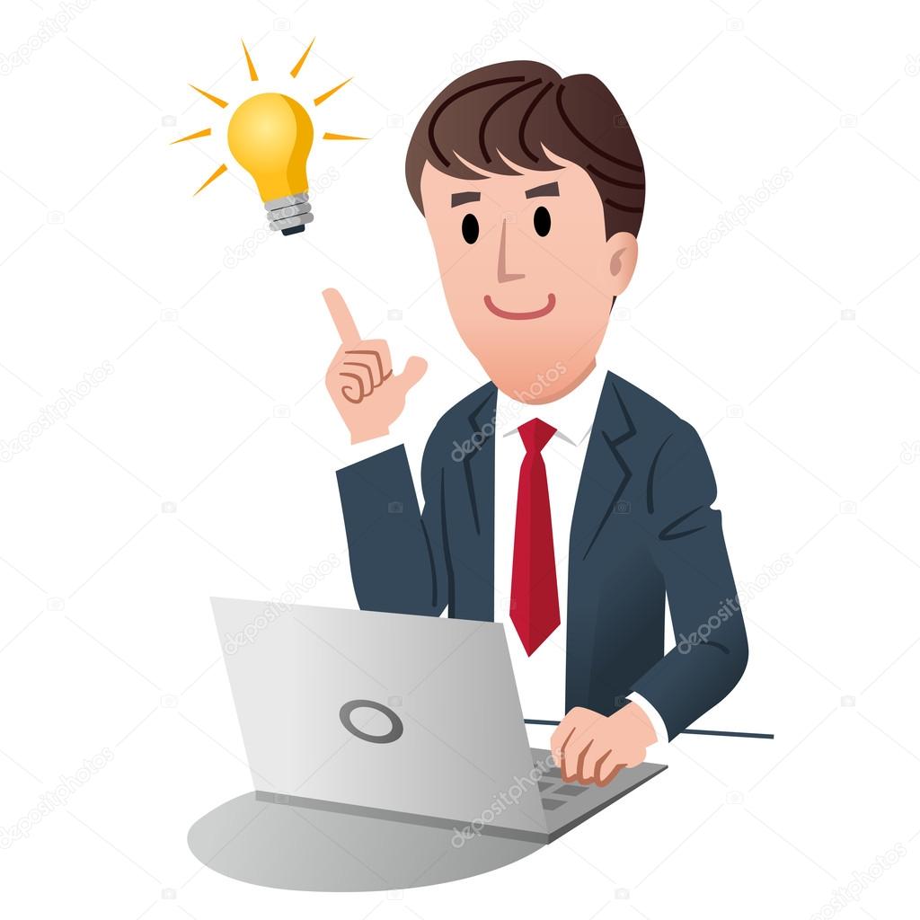 Smiling businessman pointing idea light bulb with fingertip, isolated on white