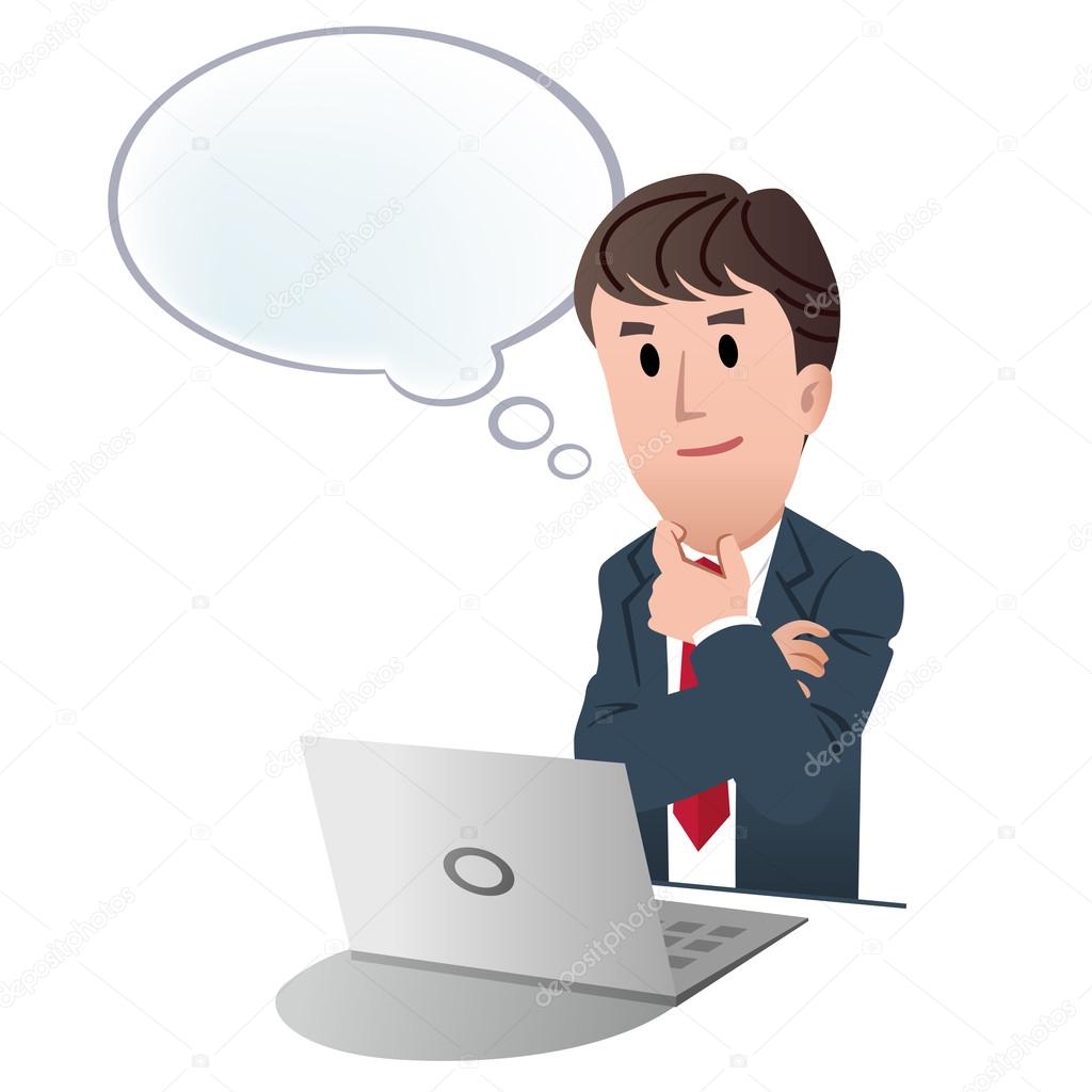 Thinking businessman with speech bubble at laptop on white background