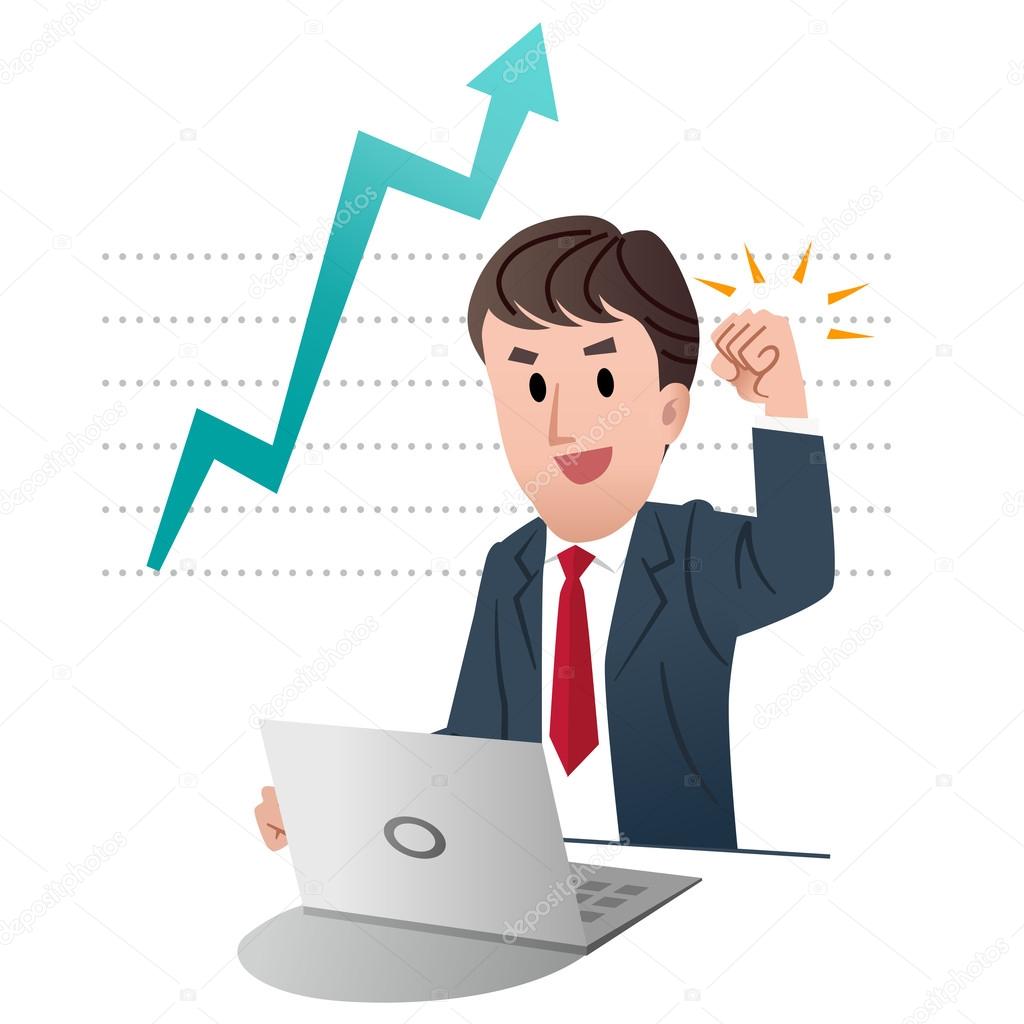 Successful businessman raising fist up in air, on graph chart indicating growing sales with big arrow