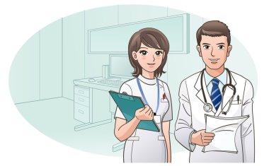 Smiling Confident Doctor and Nurse on the background of doctor's office clipart