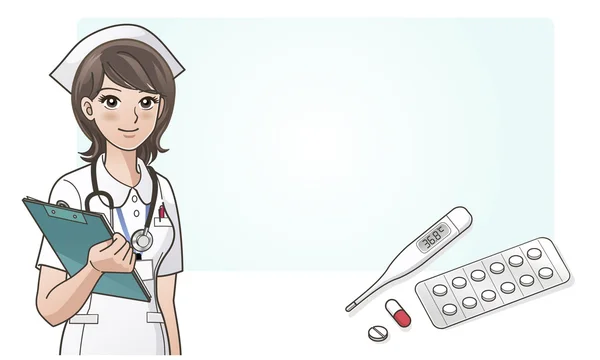 Young cute cartoon nurse with medicine, digital thermometer — стоковый вектор