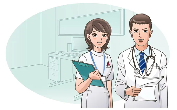 Médico y enfermera confiados sonrientes en el fondo del consultorio del médico — Vector de stock