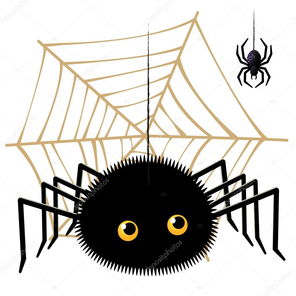 Cartoon spider looking up a tarantula on cobweb