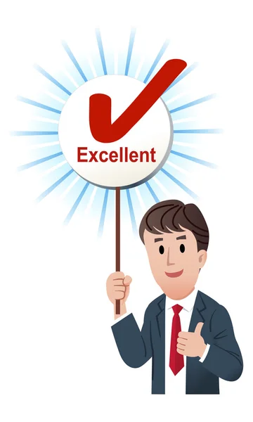 Vektor Illustration des Daumens nach oben Geschäftsmann hält eine hervorragende Wertungsliste mit angekreuzten Markierung. isoliert auf weiß. — Stockillustration Daumen hoch Geschäftsmann mit ausgezeichnetem Score Board mit angekreuztem ma — Stockvektor