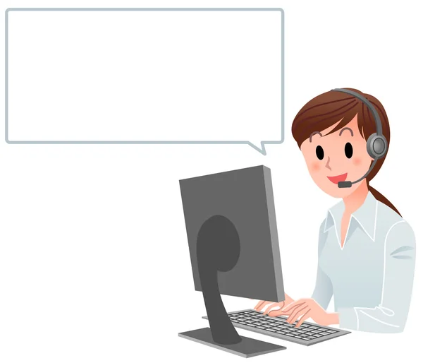 Customer service woman at computer with speech bubble — Stock Vector