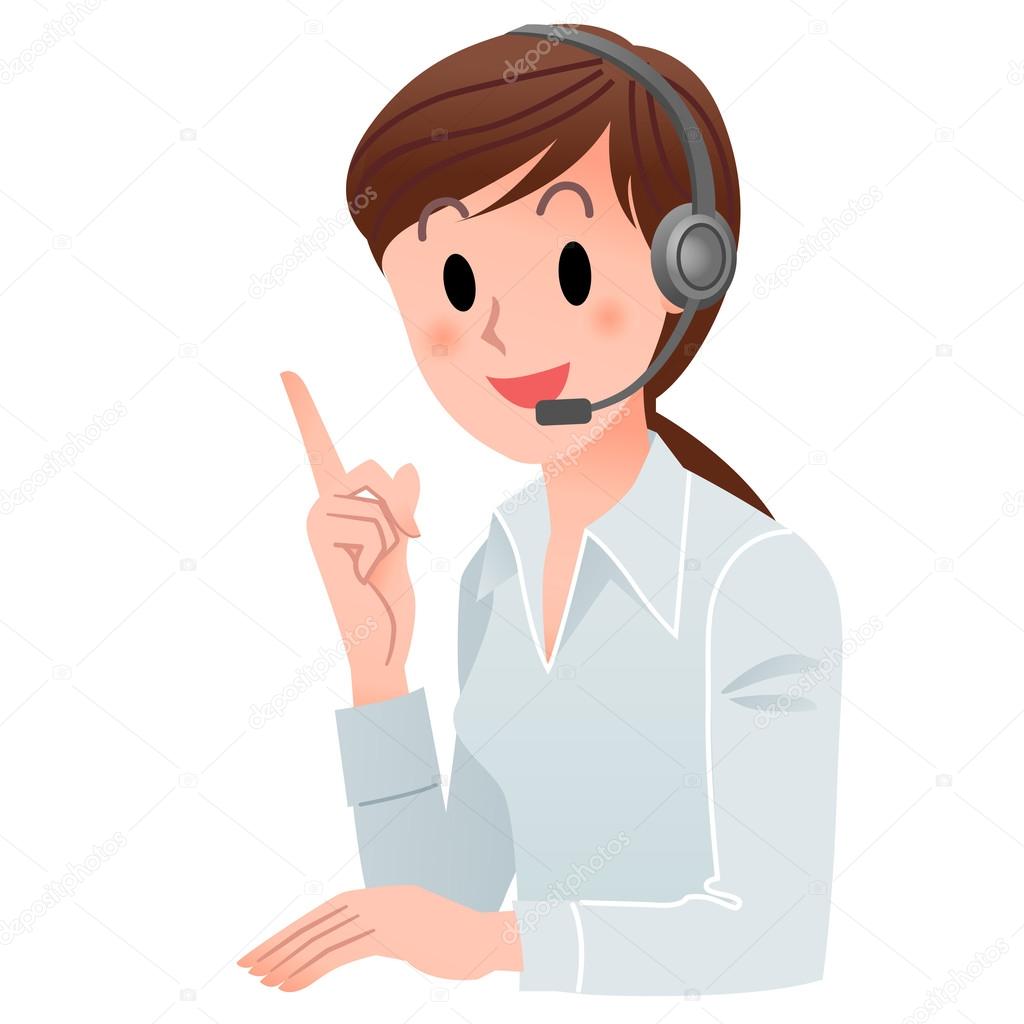 Customer service woman pointing up with a smile in headset