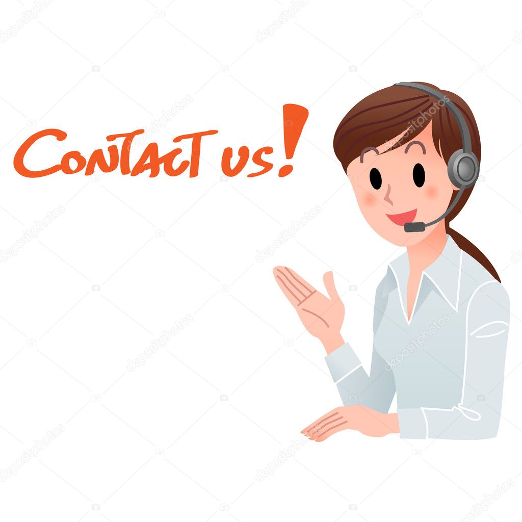 Contact us! Customer service woman smiling in headset with space