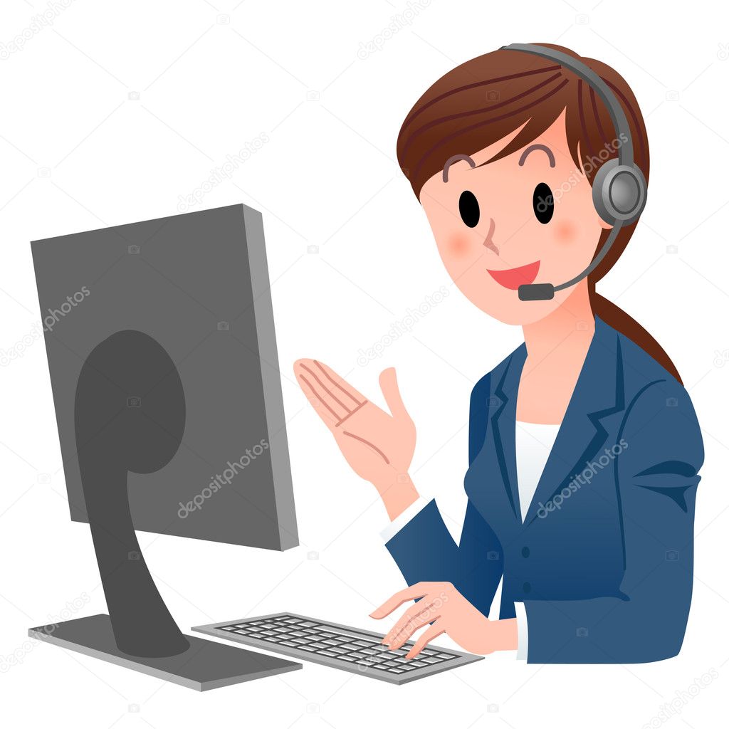 Customer service representative at computer in headset