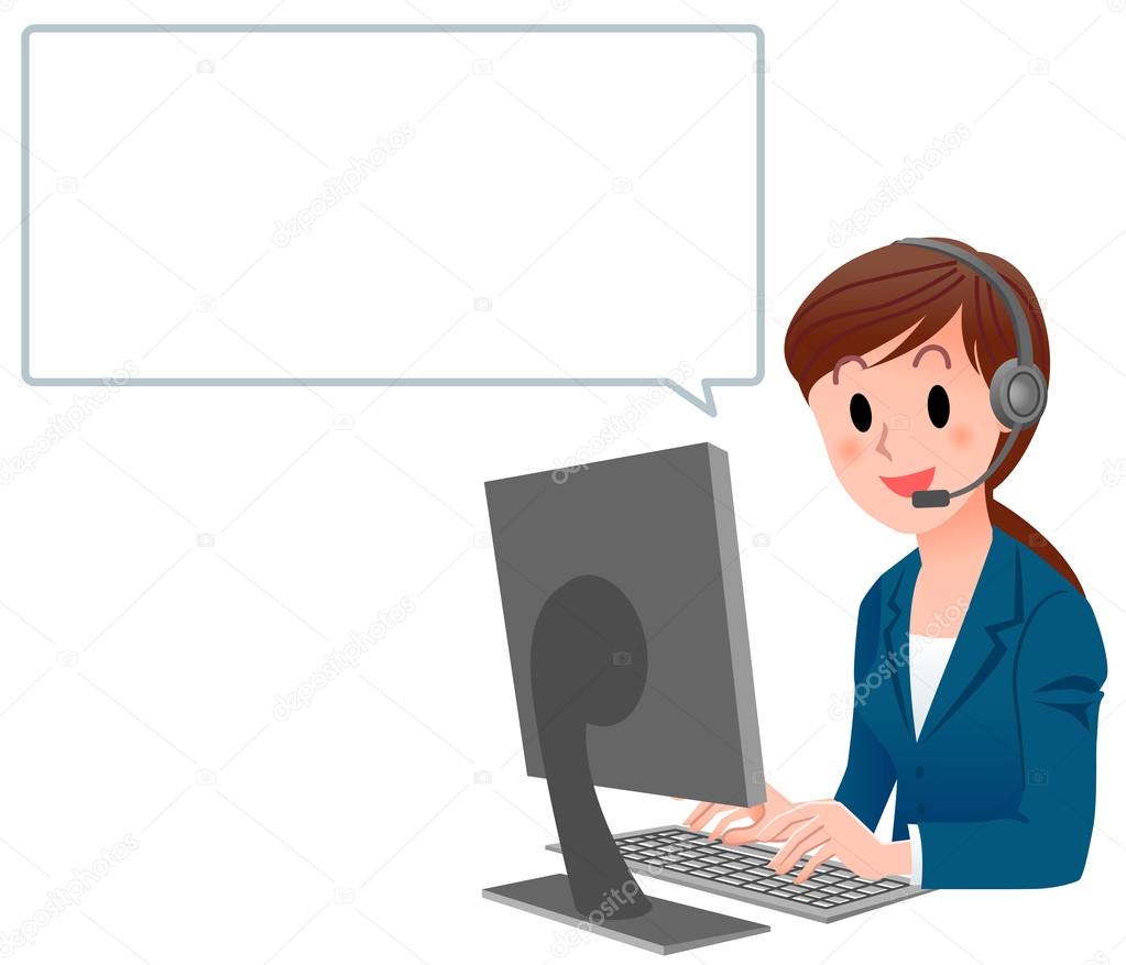 Customer service woman in suit at computer with speech bubble