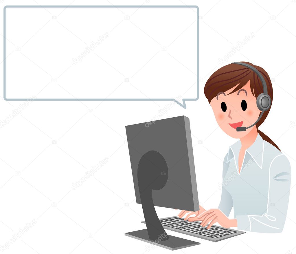 Customer service woman at computer with speech bubble