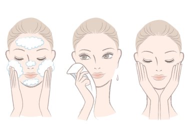 Set of fresh beautiful woman in process for washing face