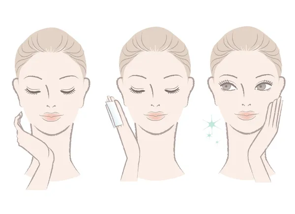 Mulher bonito fresco aplicando loção facial no rosto — Vetor de Stock