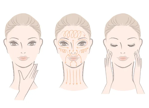 Conjunto de mujer elegante masajeando su cara y cuello — Vector de stock