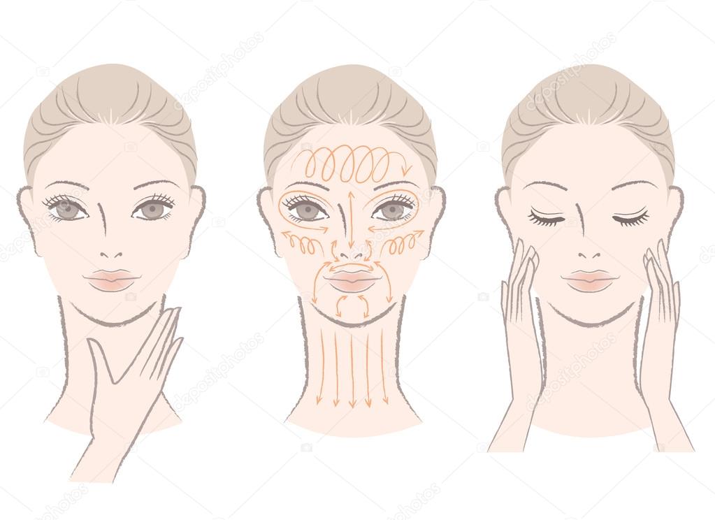 Set of elegant woman massaging her face and neck