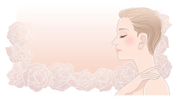 Hermoso perfil de mujer con los ojos cerrados en rosas — Vector de stock