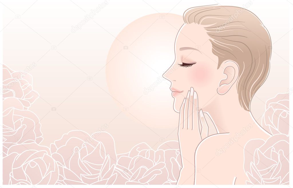 Beautiful Naked Woman touching her face in roses