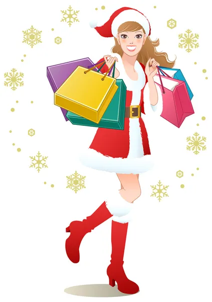 Санта-девочка покупки рождественские подарки — стоковый вектор