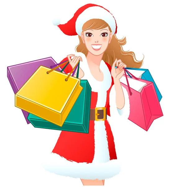 Κινηματογράφηση σε πρώτο πλάνο santa κορίτσι ψώνια χριστουγεννιάτικα δώρα — Διανυσματικό Αρχείο