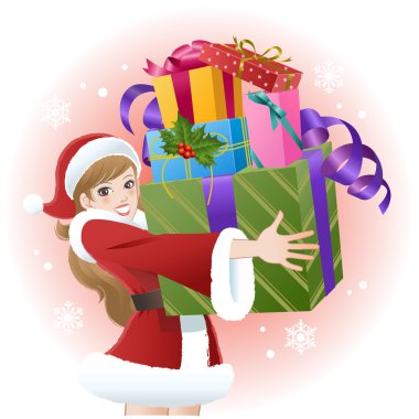 Noel hediye kutuları tutarak Noel Baba kız