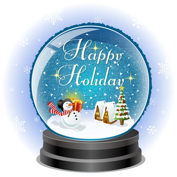 Snowman holding a gift box in snow globe with holiday message — Stock Vector