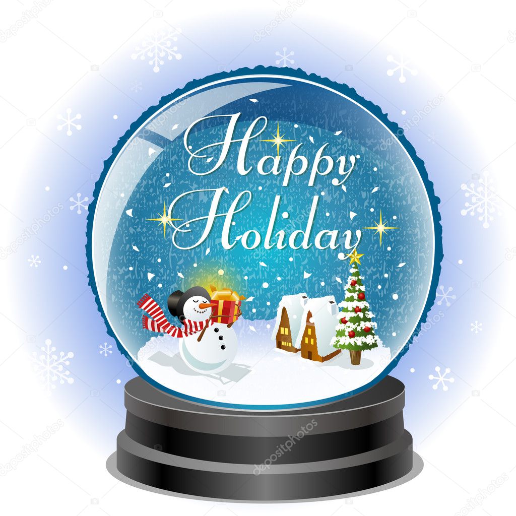 Snowman holding a gift box in snow globe with holiday message