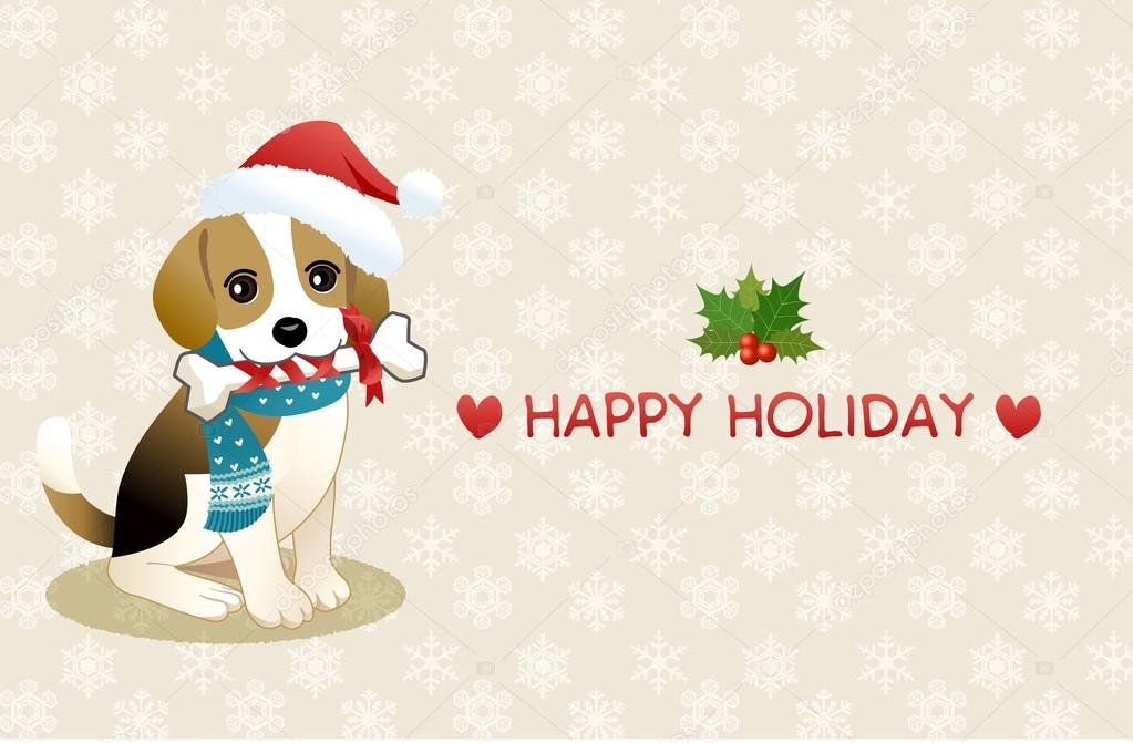 Beagle dog chewing ribboned bone with holiday message