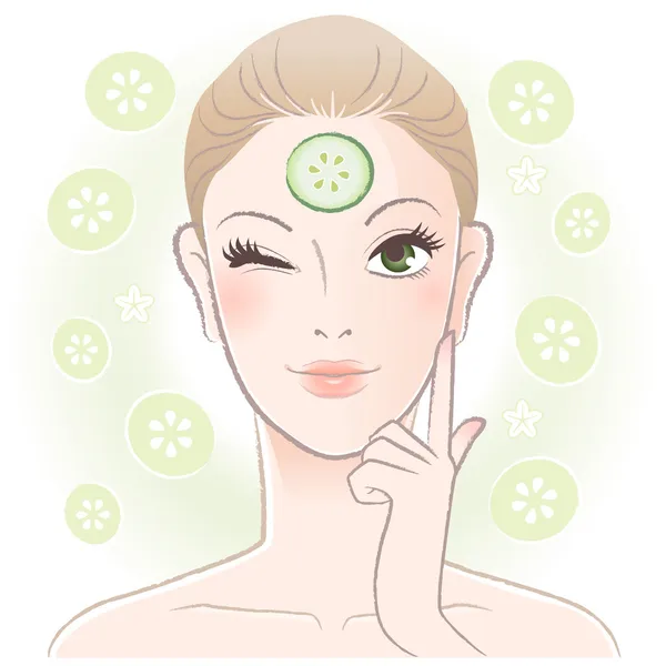 Mujer bonita aplicando mascarilla de pepino en la frente — Vector de stock