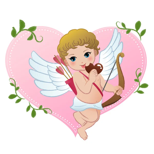 Mischief cupid snibbling heart shaped chocolate — Stock Vector