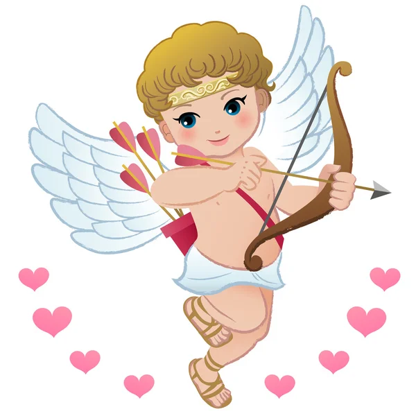 Flying Cupid with hearts — Stock Vector