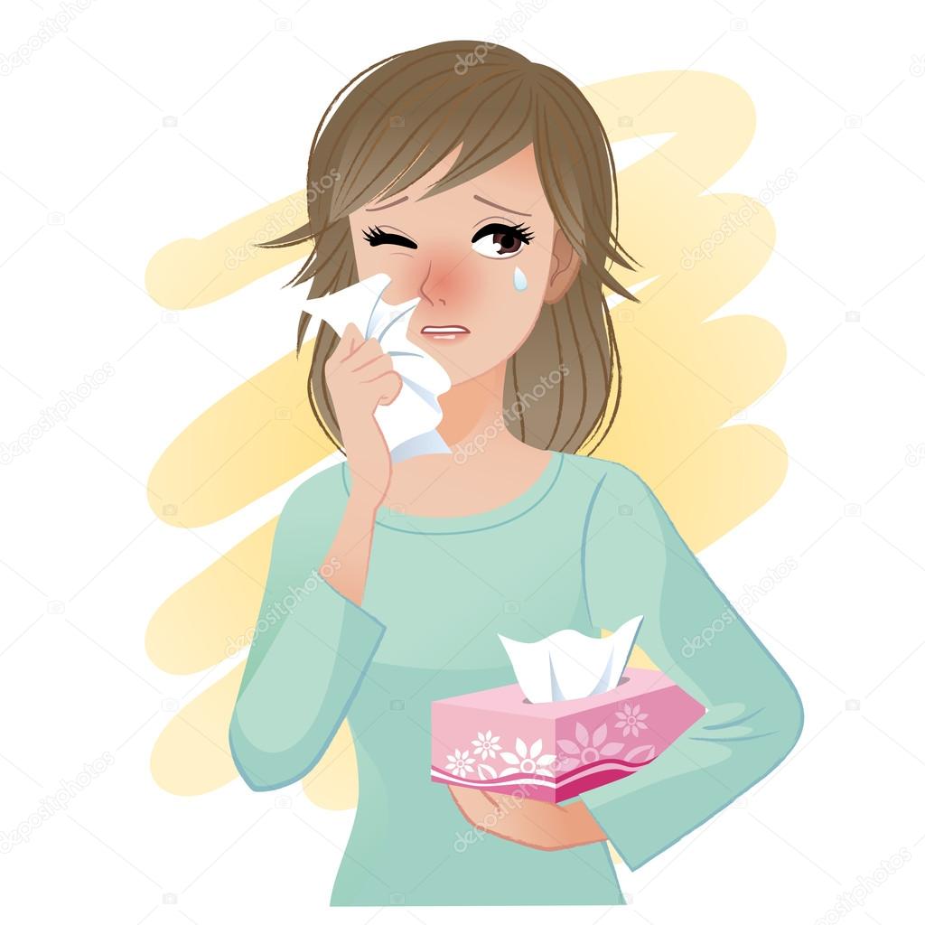 Watery eyed woman holding facial tissue box