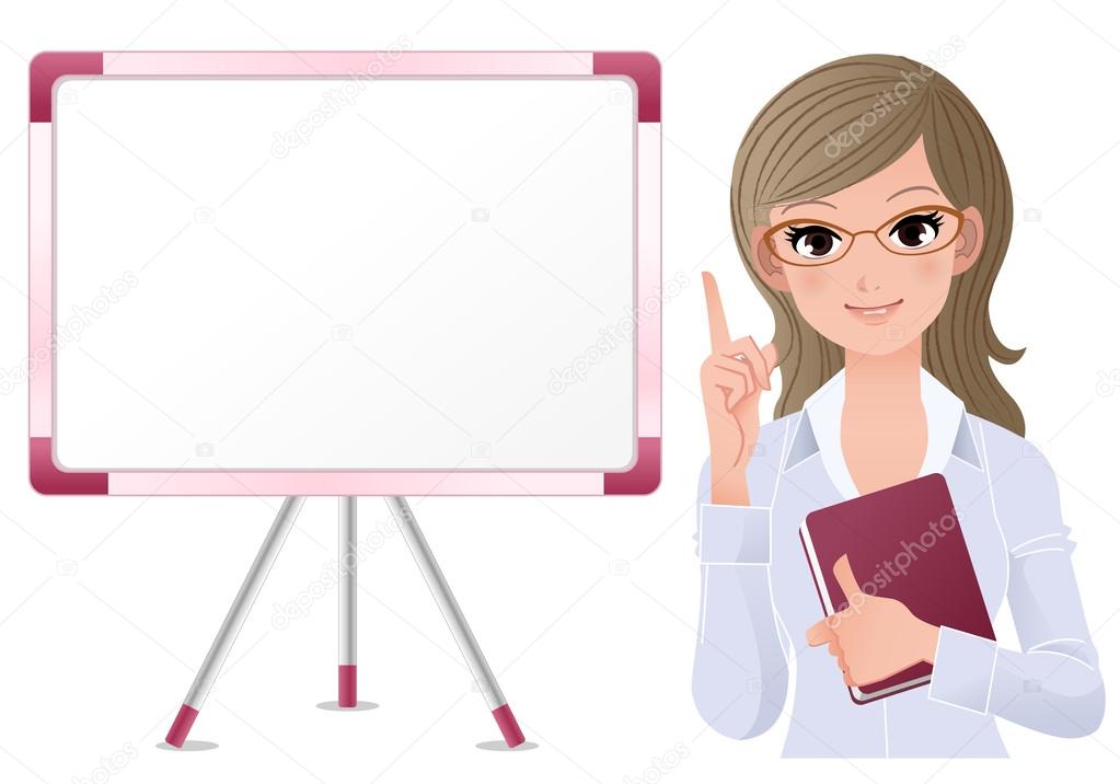 Cute woman lecturring beside pink framed white board