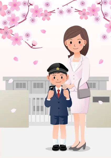 Mother and son on school background under cherry blossom trees — Stock Vector