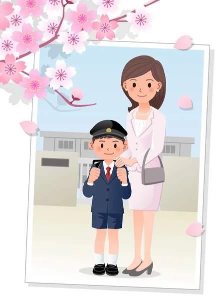 Mother and son under cherryblossom tree — Stock Vector