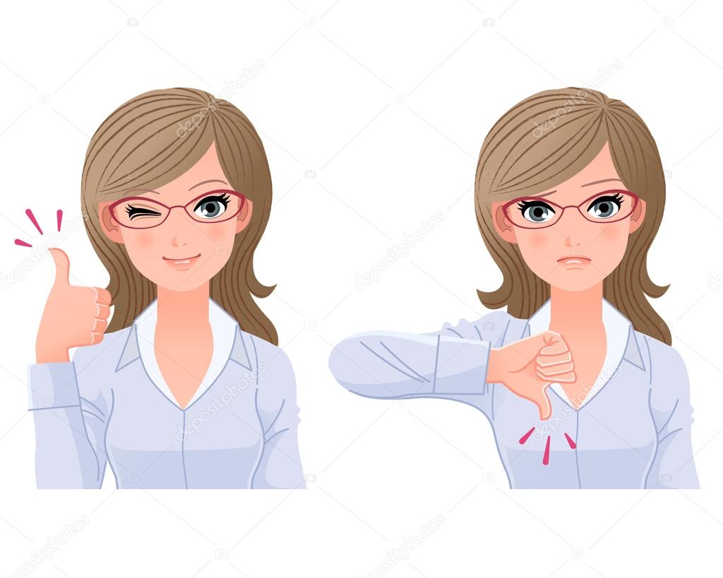 Eye-wear glasses woman with thumbs-up and down