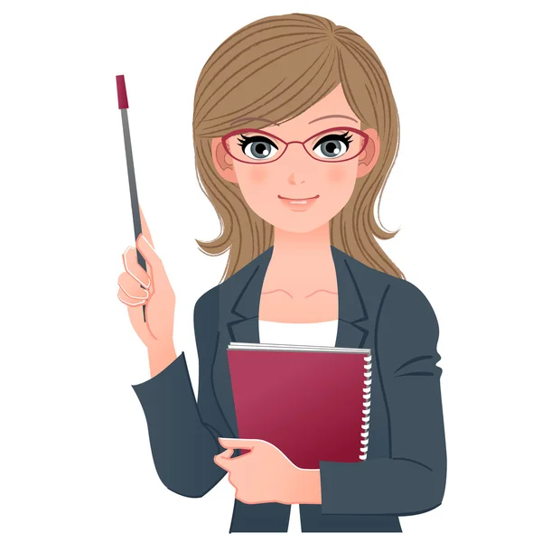 Smart female lecturer smiling with pointer stick — Stock Vector