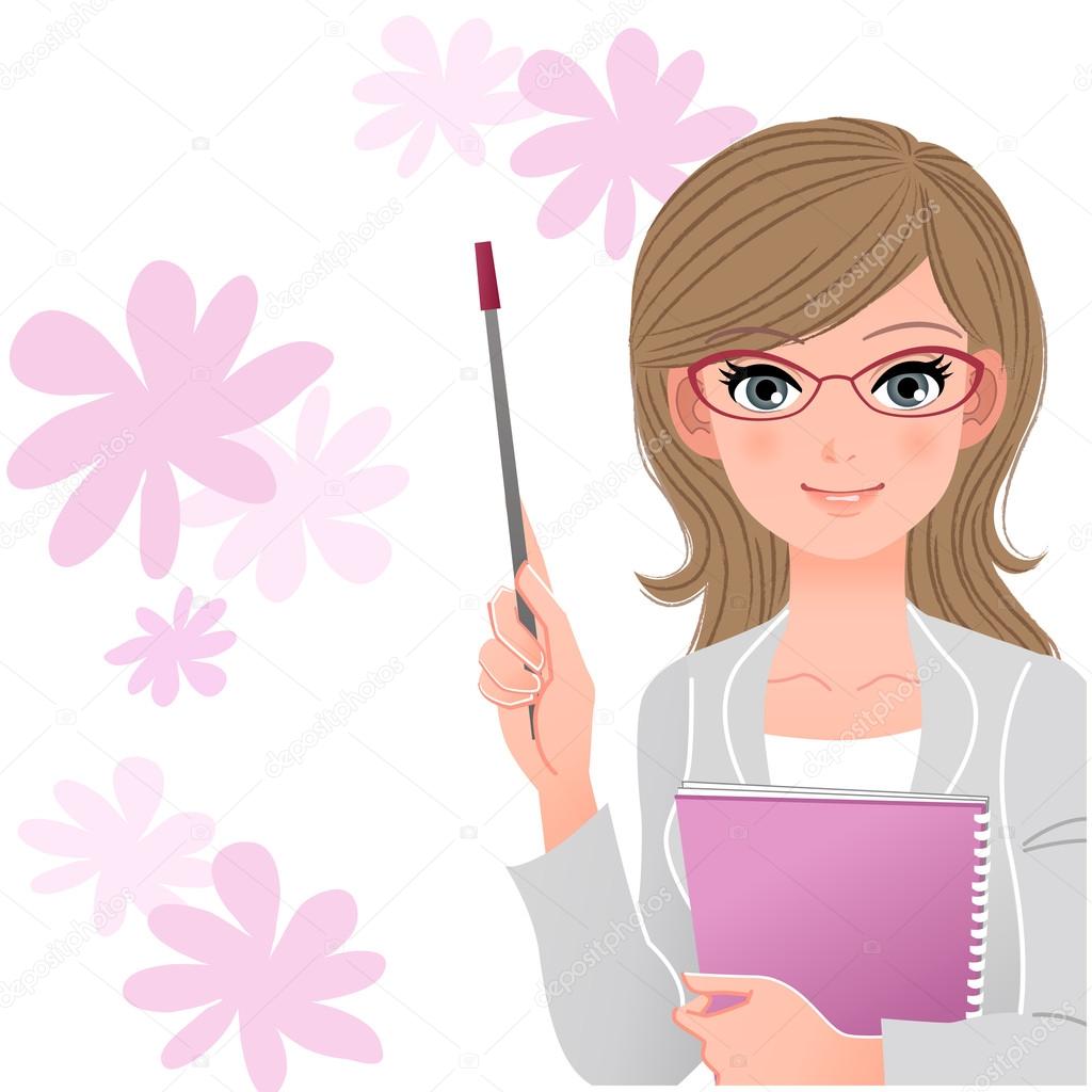 Cute lecturer holding pointer stick on flower background
